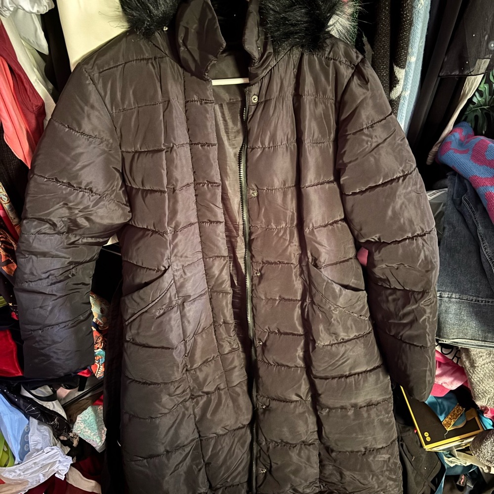Black Puffer Coat with Faux Fur Hood